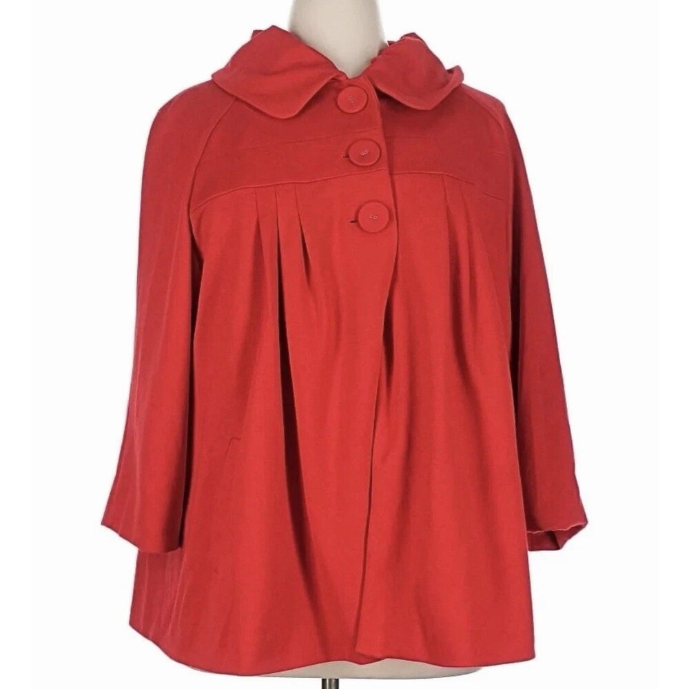 Sandro Woman Red Pleated Swing Coat Jacket 2X Plus Big Button 3/4 Sleeve Trench